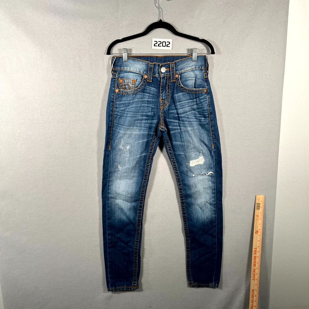 True Religion Dean Tapered Jeans Womens 27 Blue Denim Whiskers Detail Distressed